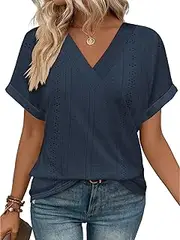 [iChunhua] Womens T Shirts V Neck Eyelet Embroidery Lightweight Summer Tops with Rolled Sleeve