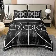 Feelyou Basketball 100% Cotton Duvet Cover Black White Bedding Set for Kids Boys Girls Basketball Court Print Comforter Cover Ball Game Bedspread Cover Bedroom Collection 2Pcs No Comforter