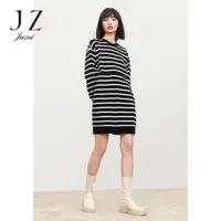 在飛比找ETMall東森購物網優惠-JZ羊毛黑白撞色條紋連衣裙抽繩