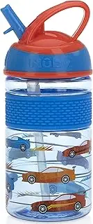 Nuby Thirsty Kids Flip-it Freestyle On The Go Water Bottle with Bite Resistant Hard Straw Cup and Easy Grip Band, Blue Cars, 12 Ounce
