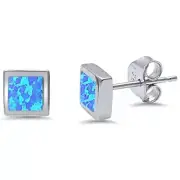Princess Square Shape Blue Opal Stud .925 Sterling Silver Earring