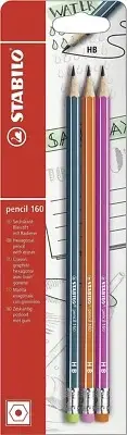 Stabilo 160 HB Graphite Pencils with Eraser - Pack of 3 - Pink, Orange, Teal