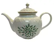 Vintage Lenox Ivory Holiday Dimension Carved Teapot Holly & Berries Gold Trim 7”