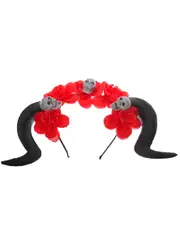 Black Goat Horns on Red Floral Headband with Skulls