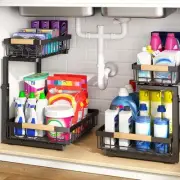 2 PACK Under Sink Organizer,Adjustable Height,2 Tier Pull Out Under Cabinet O...