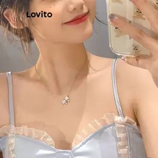 Lovito 女用休閒平紋蝴蝶結萊茵石蛋白石項鍊 LFA13557