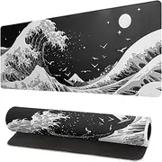 Japanese Black Sea Wave Mouse Pad - Abstract Black Gaming Mouse Pad 31.5x11.8 Inch Non-Slip Rubber Base Large Mousepad Stitched Edges Keyboard Mouse Mat Desk Pad for Office Home