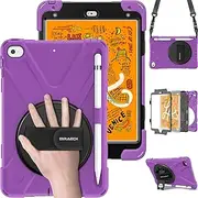 BRAECN iPad Mini 5 2019 Case for kids, Rugged Hybrid Armor Protective Case with Shoulder Strap,Hand Strap,Kickstand and Pencil Holder for iPad Mini 5/iPad Mini 4 7.9 Inch, [Pencil not Included]-Purple