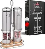 Jovial Kitchen Battery Operated Salt And Pepper Grinder Set- Electric Stainless Steel Salt&Pepper Mills - Tall Power Shakers with Stand - Grinders with LED lights and Adjustable Ceramic Coarseness