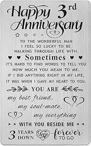 3rd Wedding Anniversary Card Gifts, Happy 3 Year Third Anniversary Card for Him Men Husband Boyfriend, Metal Engraved Wallet Card