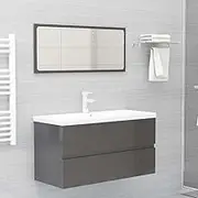 Bathroom Furniture Set High Gloss Grey Engineered Wood,Stylish Bathroom Vanity Unit with Builtin Basin and Mirror Modern Bathroom Storage Furniture Sets