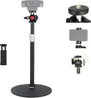Webcam Stand for Desk w/Phone Mount, 360° Ballhead, 1/4" Thread Compatible with Logitech BRIO C920, Height Adjustable Heavy Base Desktop Webcam Holder for Tiktok/YouTube Live Stream, DS012