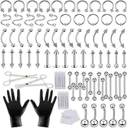 [Nafaboig] chuanci001 94PCS Septum Piercing Kit for All Body, Belly Button Piercing Kit with Piercing Jewelry Clamps Tools and Piercing Needles(14G 16G) for Nose Septum Studs Tongue Earrings Lip Rings, Silver