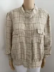 Suzanne Beige Check Lightweight Linen Button Up Bomber Jacket Size 16 NWT