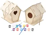 TOBBOMEY 2 Pack Wooden Bird House Crafts Set Unfinished Wood Birdhouse for Boys and Girls DIY Bird Nest Toy Thick Rope for Garden or Home Decor