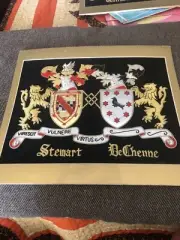 Vintage Embroidered Double Coat of Arms 2 Family Histories Stewart & De Chenne