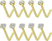 [Ormromra] 10PCS Gold Nose Rings, Gold L Shaped Nose Rings, Stainless Steel Nose Piercing Kit, Small Crystal Nose Stud Pin, Round Diamond Nose Studs, Nose Piercing Jewelry for Women, 7mm, Stainless