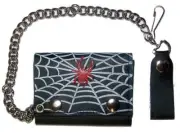 GENUINE LEATHER RED SPIDER IN WEBBING TRI-FOLD MEN WALLET W SNAP ON CHAIN GI612