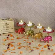 SATVIK 4 Pc Multicolor Elephant Stand Diya Metal Table Dia Laxmi Candle Tea L...