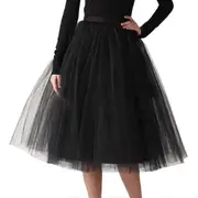 Womens Pleated Gauze Knee Length Skirt Adult Dancing Skirt Tutu Tulle Skirt Petticoat Underskirt black