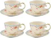 Gracie China Vintage Blue Rose Porcelain 7-Ounce Tea Cup and Saucer Set of 4