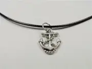 BEACH FASHION NAUTICAL SILVER RHODIUM ROPE ANCHOR BLACK LEATHER CORD NECKLACE