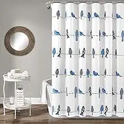 Lush Decor Rowley Birds Shower Curtain, 72” W x 72” L, Navy - Colorful Floral Bird Pattern - Whimsical & Playful Bird Shower Curtain - Farmhouse, Coastal, & Boho Bathroom Decor