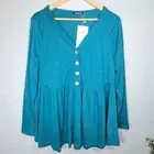 BloomChic Teal Button-Front Peplum V-Neck Babydoll Top Waffle Knit 12 Large
