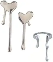 [Generic] Alloy Heart Stud Earrings, Asymmetrical Heart Studs, Liquid Lava Open Ring Set, Alloy