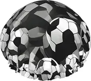 Black And White Soccer Ball Pattern Print Various Activities Shower Cap Reusable Soft And Lightweight Bath Hair Cap Long Hair