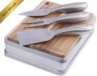 4-Piece Acacia Wood Cheese Board Serving Set Stainless Steel Knives Boxed Gift