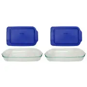 Pyrex (2) 233 3qt Glass Baking Dishes and (2) 233-PC Blue Lagoon Lids