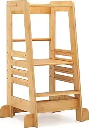 BABY JOY Toddler Standing Tower, Montessori Height Adjustable Kitchen Step Stool for Kids, Bamboo Kids Standing Tower w/Safety Rail, Learning Tower Stool for Bathroom Kitchen Counter, Natural