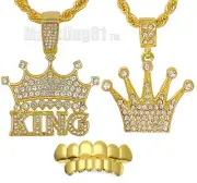 Cubic Zirconia KING CROWN Pendant 24" Rope Chain 2 Hip Hop Necklace & Grillz Set