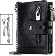 [CRFASIBE] Men's Chain Biker Goth Anti Theft Trifold Wallet - Genuine Leather, Black, Wallet With Chain