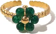 [Hebelee] Green Ball Flower Statement Adjustable Ring for Women Girls Gold Plated Surgical Stainless Steel Dainty Expandable Emerald Beaded Sunflower Open Wrap Finger Rings Comfort Fit Delicate Birthday Holiday