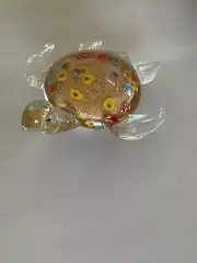 HAND BLOWN ART GLASS MILLEFIORI SEA TURTLE FIGURINE PAPERWEIGHT AMBER 7,5”