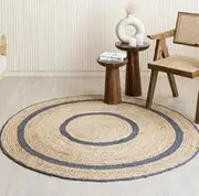 [Aizza Trends] Indian Handmade Braided Natural Jute & Navy Blue Border Design Round Area Rug, 2 Feet Round (61 cm x 61 cm) Living Room, Dining Room, Office, Kitchen Rug