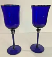 Set of 2 Crystal Cobalt Blue & Silver Stemmed Wine Glasses w/Silver Trim - 9.5"