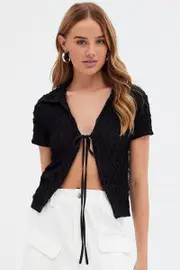 Black Tie Front Shirts Short Sleeve - Size XS, Women's Top