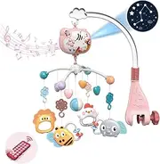 Baby Crib Mobile with Musical, Night Light ＆ Moon Star Projector, Mobile for Crib with Remote Control Timing Function, 360° Rotation Crib Toys for Newborn Infant Boys and Girls(Pink)
