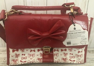 Wine Purse Vinyl Red and White Bow Theme Brass Hardware NWT Insulated Gift