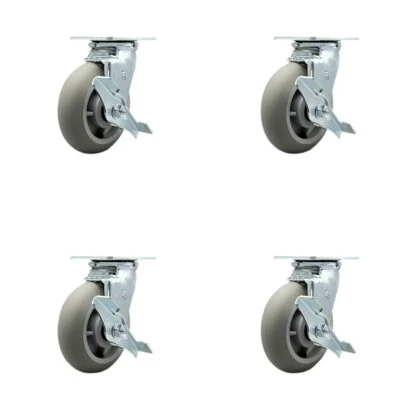 6 Inch Thermoplastic Rubber Swivel Caster Set with Roller Bearings and Brake SCC