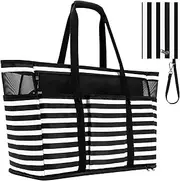 [TEUEN] Large Beach Bag with Zipper, 12 Pockets Waterproof Sandproof Pool Bag Womens Mesh Beach Tote Bag for Travel Vacation