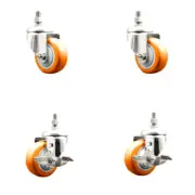 3 Inch 316SS Orange Poly Swivel 3/8 Inch Threaded Stem Caster Set 2 Brake