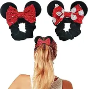 Styla Hair 2pk Mouse Ear Scrunchies for Kids Velvet Hair Bow Scrunchies for Women - Sparkle Sequins Mouse Hair Bands for Pony Tail (Red Black)