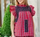 j. marie Red Plaid Embroidered Flutter Sleeve Top SZ S NWT