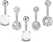 [AIMALL] 5PCS Belly Bar Piercing Ring Crystal Zircon Surgical Steel Silver Jewellery, Stylish Navel Jewelry Collection