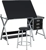 Topeakmart Drafting Tables, Draft Drawing Desk w/Stool and Tiltable Tabletop, 3 Storage Drawers, Reading, Writing Art Crafting Workstation, Black
