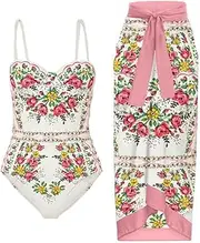 Women One Piece Swimsuit with Skirt Cover Up Bathing Suit Vintage Surf Wear Summer
